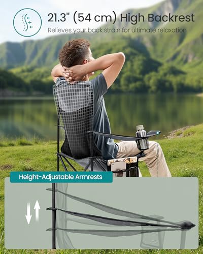 SONGMICS 2 Pack Breathable Camping Chairs, 330 lb Capacity Foldable Outdoor Chairs, High Back, Adjustable Armrests & Cup Holder, for Sports Garden Backyard, Slate Gray UGCB028G01 - color: Grey, style: 2PC (20.3"D x 34"W x 38.2"H)
