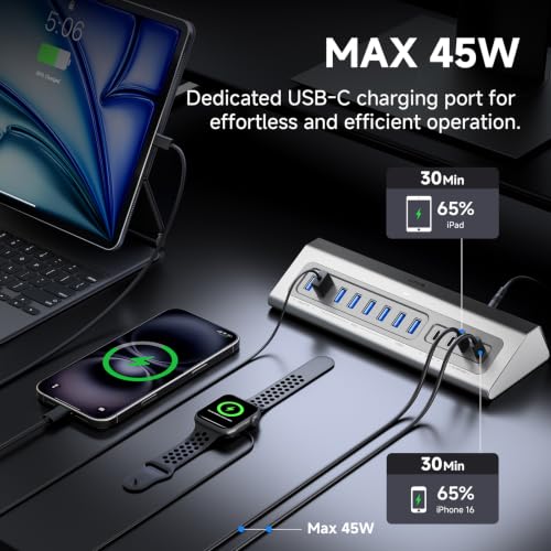 Gitfos Powered USB Hub,15 in 1 USB 3.2 Hub, USB C Hub with PD 100W, USB C 45W Charge, 10Gbps Data, 8 USB A, 65W Power Adapter, 3.3FT Cable, Aluminum USB Hub for PC, Laptop, Mac, Mac mini, iMac, iPad - size: 15 IN 1