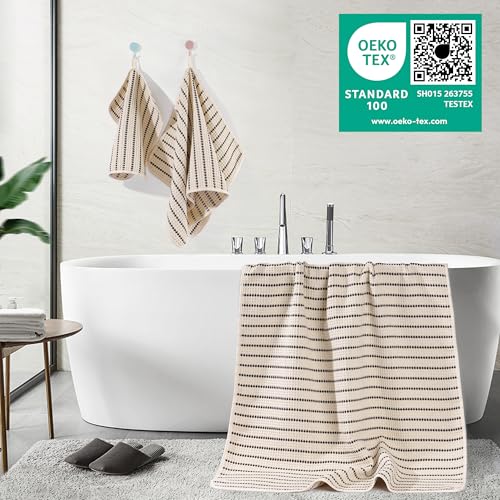POLYTE 430 GSM Microfiber Quick Dry Lint Free Oversize Bath Towel Set, 6 Piece (Waffle Weave) - color: Light Beige/Black