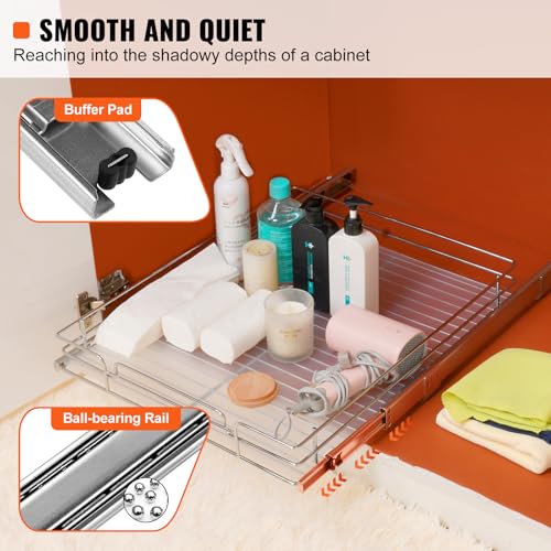 VEVOR 21.5" Wx21 Dx3.5 H Pull Out Cabinet Organizer, Heavy Duty Slide Out Pantry Shelves, Chrome-Plated Steel Roll Out Drawers, Storage for Home, Under Sink, 23" Wx22 Dx7 H Install Size for Cabinet - size: 21.5"Wx21"D