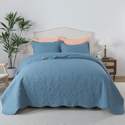 HoneiLife Queen Quilt Bedding Sets - Lightweight Bedspreads 3-Piece, Microfiber Quilt Sets Reversible Coverlets Rustic Bed Cover Damask Pattern Bedding Sets All Season Use - color: Dusty Blue, size: Queen/Full-90"x96"