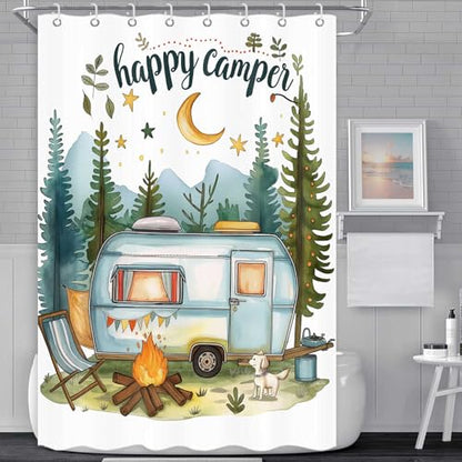 Happy Camper Small Stall RV Shower Curtain Rustic Tree Mountain Adventure Tent Camping Bathroom Curtains Travel Trailer Bathroom Accessories Set with Hooks 48 x 72 Inches - color: Blue, size: 48"W x 72"L (Pack of 1)