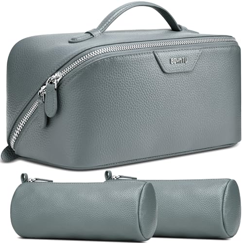 BOYATU Genuine Leather Travel Makeup Bag: Large Capacity 3 Pcs Set Cosmetic Bags for Women - Designer Waterproof Hand-made for Toiletry Organizer - Ladies Travel Essentials for Elegance (03Blue) - color: 03Blue