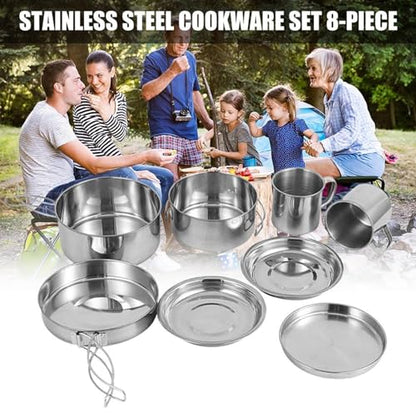 Camping Cooking Set 8PCS Stainless Steel Camping Cookware Portable Cooking Pot and Pan Set with Plates Cups for 5-6 Adults Outdoor Hiking Picnic BBQ, Camping Pots and Pans Set