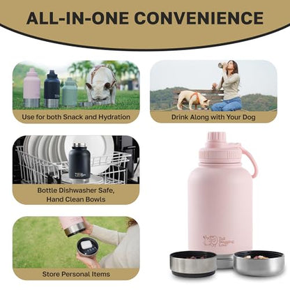 32oz 3-in-1 Travel Water Bottle for Dogs & Humans, Dual Use, Stainless Steel, Keeps Water Hot 6hrs/Cold 12hrs, Leak-Proof with Detachable Food & Water Bowls, Perfect for Travel