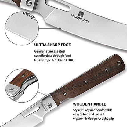 ZhengSheng Folding Chef Knife with Nylon Pouch 4.8" Sharp 440A Stainless Steel Blade Wooden Handle Pocket Foldable Japanese Style Kitchen Knife for Outdoor Camping Cooking - color: #6 Natural wooden Handle - Black Nylon Pouch