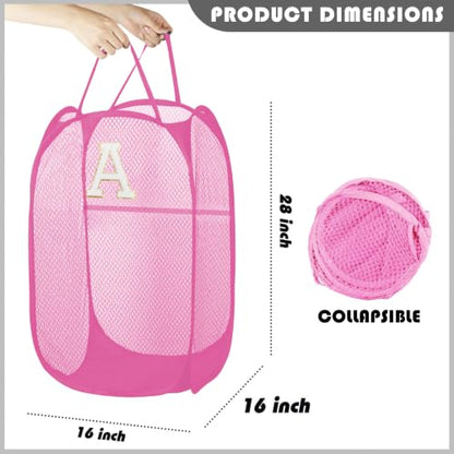 Collapsible Pop Up Laundry Hamper, Extra Large with Removable Initial Letter A, Mesh Foldable Laundry Basket, 28" x 16" x 16" (Pink) - color: 1P PinkA