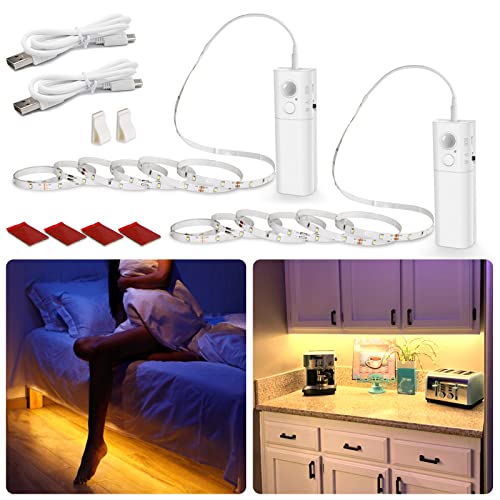 WOBANE Rechargeable Motion Sensor Strip Light, LED Closet Lights,Upgraded Battery Operated LED Strip Light for Wardrobe,Stair,Pantry,Cupboard,Bed,Locker,2700K Warmwhite,6.56ft,2 Pack - color: Warm White, size: 2*6.56ft White