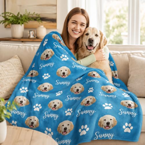 Personalized Dog Blanket, Customized Pet Blankets with Name Picture, Throw Blanket for Small Medium Large Dog Puppy Cat - color: B-blue