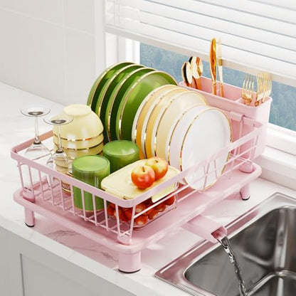 Dish Drainer Rack with Drip Tray, Sink Dish Drainer with Drainage Spout, Stainless Steel Dish Drying Rack with Cups, Utensil & Cutting Board Holders for Kitchen Counter Space-Saving, Pink - color: Pink