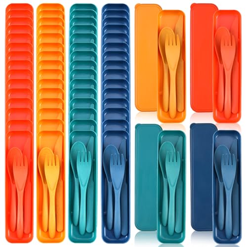 Jinei 50 Sets Reusable Travel Utensils Set with Case Wheat Straw Cutlery Portable Spoon Knife Forks Lunch Box Accessories Friendly Tableware for Kids Adults Camping Utensils(Elegant) - color: Elegant