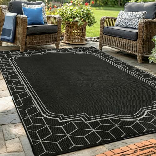 wikiwiki 4x6ft Outdoor Rug, Reversible Plastic Patio Rug Waterproof, Indoor Outdoor Carpet Clearance, Portable Small Area Carpet for Patio Deck Pool RV Camping Beach Picnic, Geometric Border Black - color: Black, size: 6' x 4' (Rectangular)