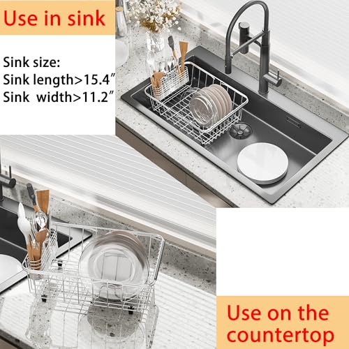 NiuYichee Stainless Steel Dish Drying Rack(15"L X 11"W X 4.1"H), Expandable Fruit & Vegetable Drain Rack over Sink, Dish Drainer Rack in Sink, with Stainless Steel Utensil Holder & Silicone Mat(16") - size: Large【15" X 11"】