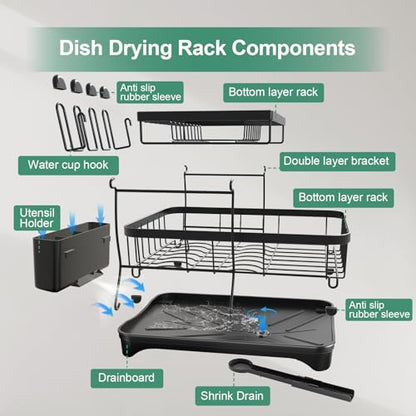 Dish Drying Rack, 2-Tier Large Dish Drying Rack for Kitchen Counter – Space Saving Dish Drainer Organizer with Utensil Holder and Cutlery Tray, Black - color: 2-tier - Black