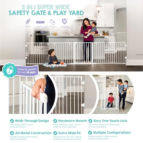 Regalo Safety 56"-130" Super Wide Baby Gate & Play Yard, 2-in-1 Adjustable Safety Gate for Doorways & Bottom of Stairs, Wall Mounted Room Divider, Includes Wall Mount Kit - color: White, style: 130"W x 28"H