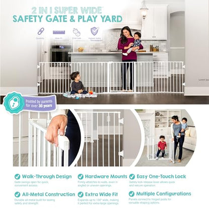 Regalo Safety 56"-130" Super Wide Baby Gate & Play Yard, 2-in-1 Adjustable Safety Gate for Doorways & Bottom of Stairs, Wall Mounted Room Divider, Includes Wall Mount Kit - color: White, style: 130"W x 28"H