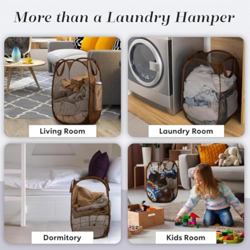 Handy Laundry Collapsible Mesh Pop Up Laundry Hamper with Side Pocket, Breathable & Space-Saving Foldable Basket for Clothes, Toys, Travel, Storage, 14 x 13 x 24 in, Brown - color: Brown