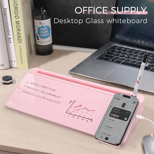 TOWON Desktop Glass Whiteboard with Charger Pad, Small Desk Whiteboard - Glass Dry Erase White Board- Desk Computer Buddy with Storage, Mirror and Charging Station, Pink, 17 x 6 in - color: Pink Charger