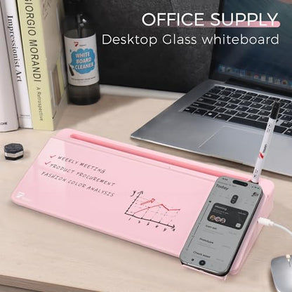 TOWON Desktop Glass Whiteboard with Charger Pad, Small Desk Whiteboard - Glass Dry Erase White Board- Desk Computer Buddy with Storage, Mirror and Charging Station, Pink, 17 x 6 in - color: Pink Charger