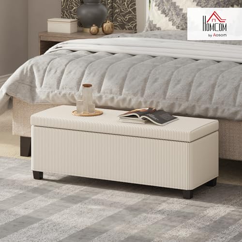 HOMCOM 44 Inches Storage Ottoman Bench, Foot Rest with Removable Lid, Legs, End of Bed Bench, Corduroy Storage Chest, Padded Seat, for Living Room, Bedroom, Entryway, Beige