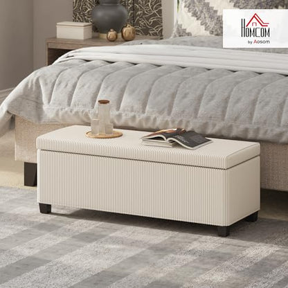 HOMCOM 44 Inches Storage Ottoman Bench, Foot Rest with Removable Lid, Legs, End of Bed Bench, Corduroy Storage Chest, Padded Seat, for Living Room, Bedroom, Entryway, Beige