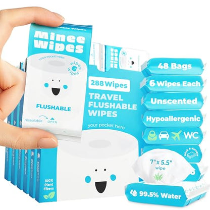 Impossibly Compact Travel Flushable Wipes - 99.5% Water and Aloe - Safe for Sensitive Skin & Hypoallergenic - Travel Essentials for Adults & Kids, Unscented, 48 Pack 288 Wipes - size: 6 Count (Pack of 48)
