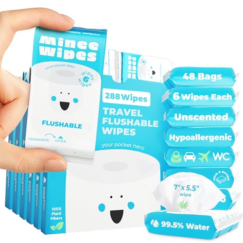 Impossibly Compact Travel Flushable Wipes - 99.5% Water and Aloe - Safe for Sensitive Skin & Hypoallergenic - Travel Essentials for Adults & Kids, Unscented, 48 Pack 288 Wipes - size: 6 Count (Pack of 48)