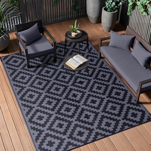 OLANLY Waterproof Outdoor Rug 6x9 ft, Outdoor Plastic Straw Rug for Camping, RV Mat Outside, Indoor Outdoor Carpet for Porch, Deck, Backyard, Balcony, Picnic, Black & Grey - color: Black & Grey, size: 6' X 9' (Rectangular)