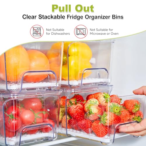 4-Pack Refrigerator Drawer Organizer Bins, Clear Stackable Pull Out Fridge Organizers and Storage Container, with Strainer Layer for Fruits, Vegetables, Drinks, Snack and Food - size: 4 Pack