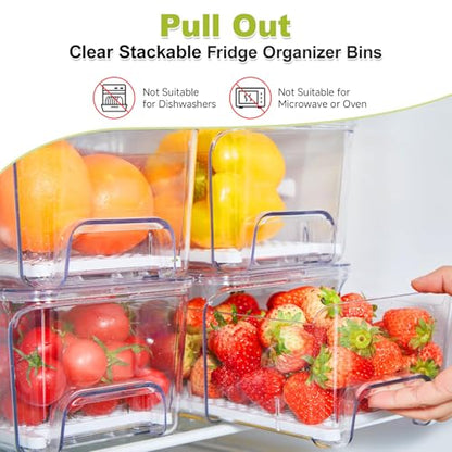 4-Pack Refrigerator Drawer Organizer Bins, Clear Stackable Pull Out Fridge Organizers and Storage Container, with Strainer Layer for Fruits, Vegetables, Drinks, Snack and Food - size: 4 Pack