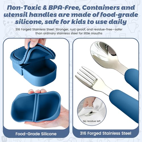 Silicone Snack Containers for Kids (8.5Oz, 2-Compartment)+ Kids Silicone Cutlery Set (Spoon and Fork) - BPA Free, Leak Proof, Great for Toddler/Kid/Adult Meal Prep Containers (blue) - color: Blue