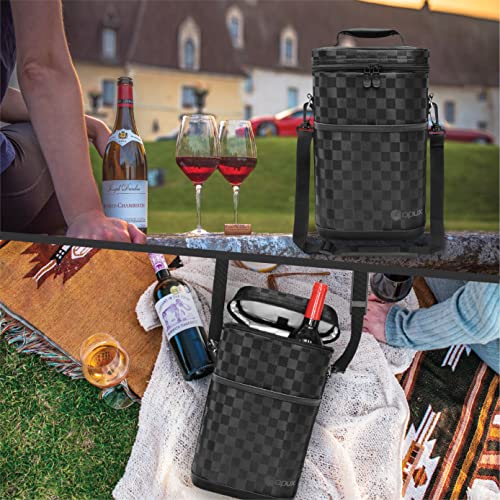 opux 2 Bottle Wine Carrier Tote, Insulated Leakproof Wine Cooler Bag, Wine Travel Bag Tote for Picnic BYOB Beach, Portable Wine Bottle Carrying Case, Gift for Wine Lover Women Men Christmas - color: Checkered Black