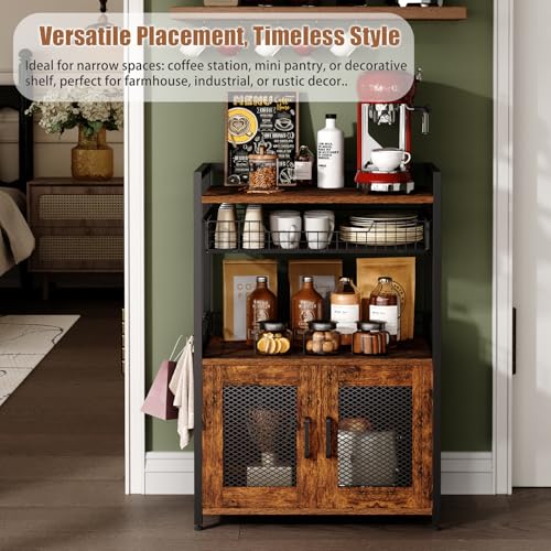 Hencawima Coffee Bar Cabinet, 3 Tier Coffee Station Table on Wheels, 35.9" H Bar Cart with Wire Basket Drawer & 5 Hooks for Home Kitchen, Liquor Buffet Sideboard Cabinet (Rustic Brown) - size: X-Large