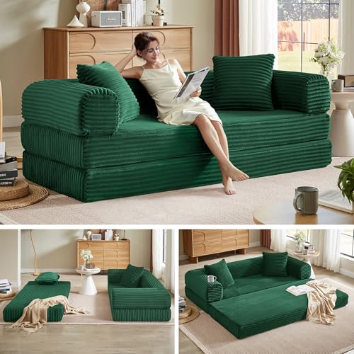 Boneless Couch Futon Sofa Bed Sectional Couches for Living Room,Cloud Couch with Sleeper Sofa,Sofas for Living Room Oversized Corduroy Upholstered (Green, 76 Inches (No Iron Frame)) - color: Green, size: 76 Inches