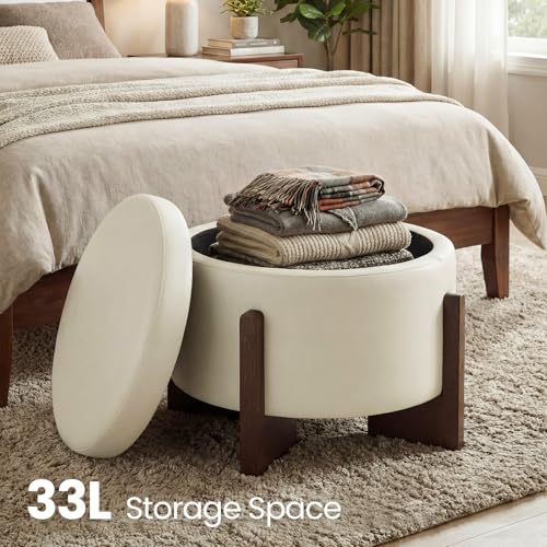 Faux Leather Round Ottoman, 22 Inch Storage Ottoman,PU Leather Ottoman,Multi-Functional Footrest for Living Room & Bedroom,Apartments (White, Round) - color: White