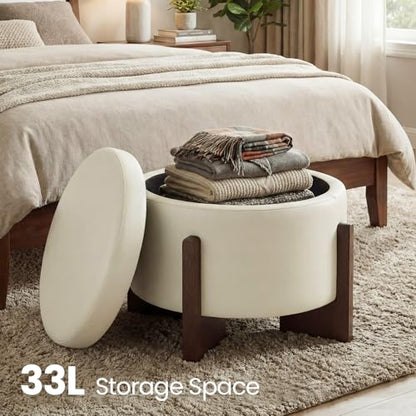 Faux Leather Round Ottoman, 22 Inch Storage Ottoman,PU Leather Ottoman,Multi-Functional Footrest for Living Room & Bedroom,Apartments (White, Round) - color: White