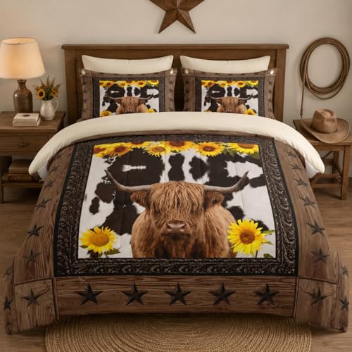 WeCozy 7 Pcs Full Size Comforter Set with 2 Pillowcases & 2 Shams, Brown Highland Cow Sunflower Bedding for Kids and Adults, Bull Animal Farm Bed in a Bag with Flat Fitted Sheet - color: Brown Cow, size: Full