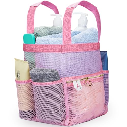 DV Lifestyle Mesh Shower Caddy Dorm, 7 Pockets & 1 with Zipper, Shower Tote with Padded Handles, Travel Portable, Shower Caddy College Room Essentials, Bathroom Shower Bag (Pink) - color: Pink, size: Large