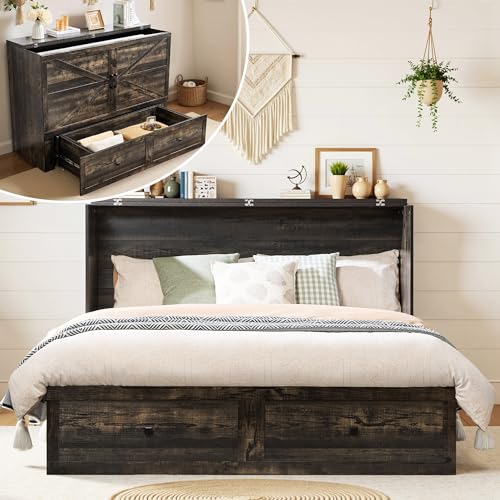 LUXOAK Queen Murphy Bed with Storage and Charging Station, Farmhouse Cabinet Bed, Noise-Free, for Guest Room, Apartment, or Office, Black Oak - color: Black Oak, size: Queen