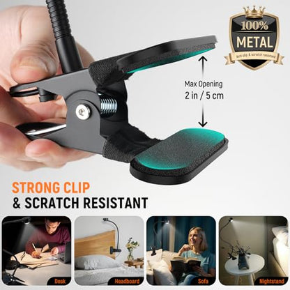 Flexible Clip On Light Bedside, Reading Lights for Books in Bed,3 Color Dimmable Bed Lamps for Headboard, Bendable All Metal Head Switch CRI 95 LED, Adapter Included - color: Clip On Base