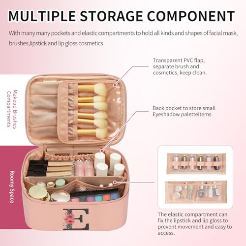 OCHEAL Initial Makeup Bag,Monogram Make up Bag Pink Travel Makeup Organizer Case Beauty Toiletry Cosmetic Bag with Brush Holder, Trendy Stuff Personalized Gifts for Women and Girls-E - color: Pink, style: E