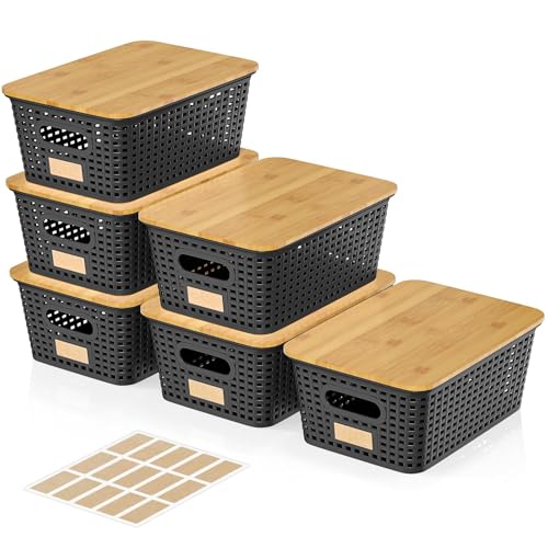 6Pcs Storage Bins with Lids, Stackable Plastic Storage Basket with Bamboo Lid, Pantry Organizer Box Small Containers for Organizing Shelves Drawer Desktop Closet Cabinet Office Classroom 10x7.1x4.1in - color: Black