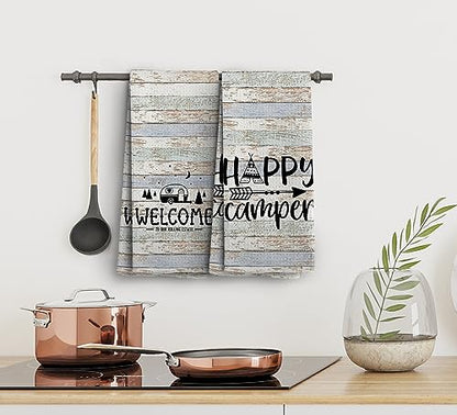 Happy Camper Hand Towels, Camper Gifts, RV Accessories for Inside Fun, Camping Gifts for Women Men, Welcome to Our Rolling Estate Kitchen Towels Dish Towels, Set of 2,16x24 - color: Rv Tent-1