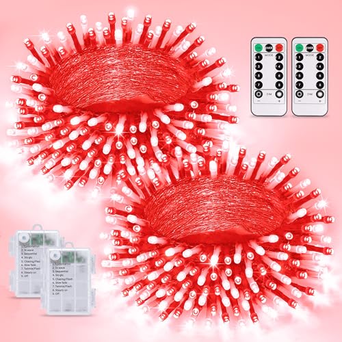JMEXSUSS 2 Pack Red and White Battery Christmas Lights, Each 33ft 100 LED Battery Powered String Lights with Remote for Tree Patio Yard House Party Birthday Outside - color: Red&White, size: 2*100LED
