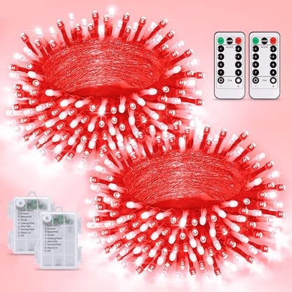 JMEXSUSS 2 Pack Red and White Battery Christmas Lights, Each 33ft 100 LED Battery Powered String Lights with Remote for Tree Patio Yard House Party Birthday Outside - color: Red&White, size: 2*100LED