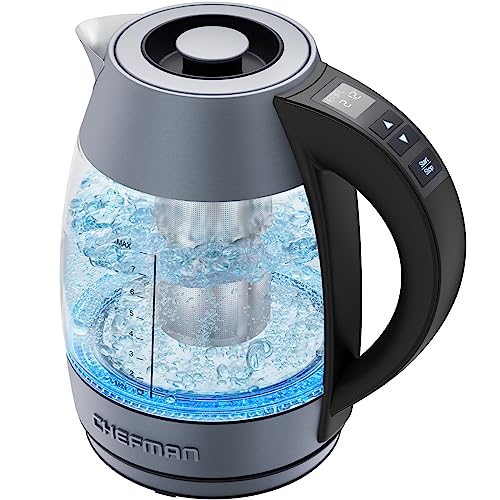 Chefman Digital Electric Kettle with Rapid 3 Minute Boil Technology, Custom Steep Timer & Temperature Presets, Bonus Tea Infuser, Rust & Discoloration Proof, 1.8 Liter, Grey, 1500W - color: Grey, style: Glass with Tea Infuser