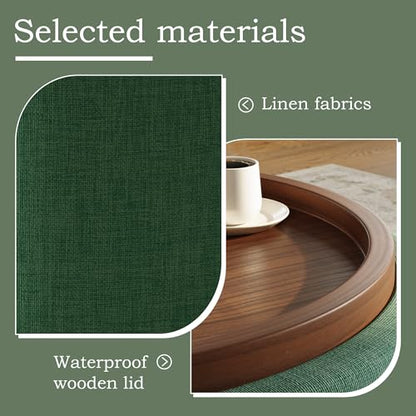 Round Storage Ottoman Coffee Table with Walnut Tray, 30'' Round Ottoman with Storage, Modern Upholstered Coffee Table with with 4 Casters for Living Room, Linen Fabric, Green - color: Green