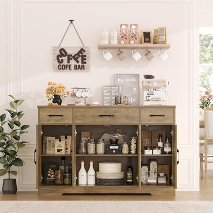 HOSTACK Buffet Sideboard Cabinet with Drawers, 55" Large Buffet Storage Cabinet with Shelves and Doors, Modern Farmhouse Coffee Bar Station Wood Kitchen Table for Kitchen, Dining Room, Rustic Brown - color: Rustic Brown