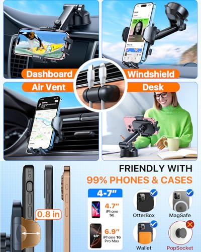 2026 Ultimate Best【True Military-Grade & Safety Cert】Car Phone Holder HTU【Upgraded 360 Rotation & 100+LBS Strongest Suction】5-in-1 Truck Windshield Dashboard Vent Mount Stand for iPhone Android, Black - color: Black