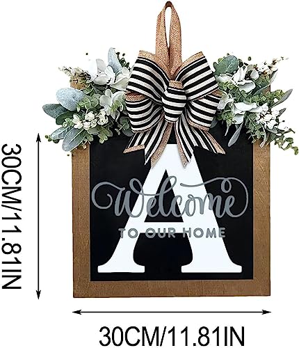 Last Name All Year Round Front Door Wreath with 26 Initial Letter Welcome Sign All Seasons Eucalyptus Garland and Bow ，Farmhouse, Porch, for Spring Summer Fall All Seasons Holiday Halloween Christmas.（A） - color: A